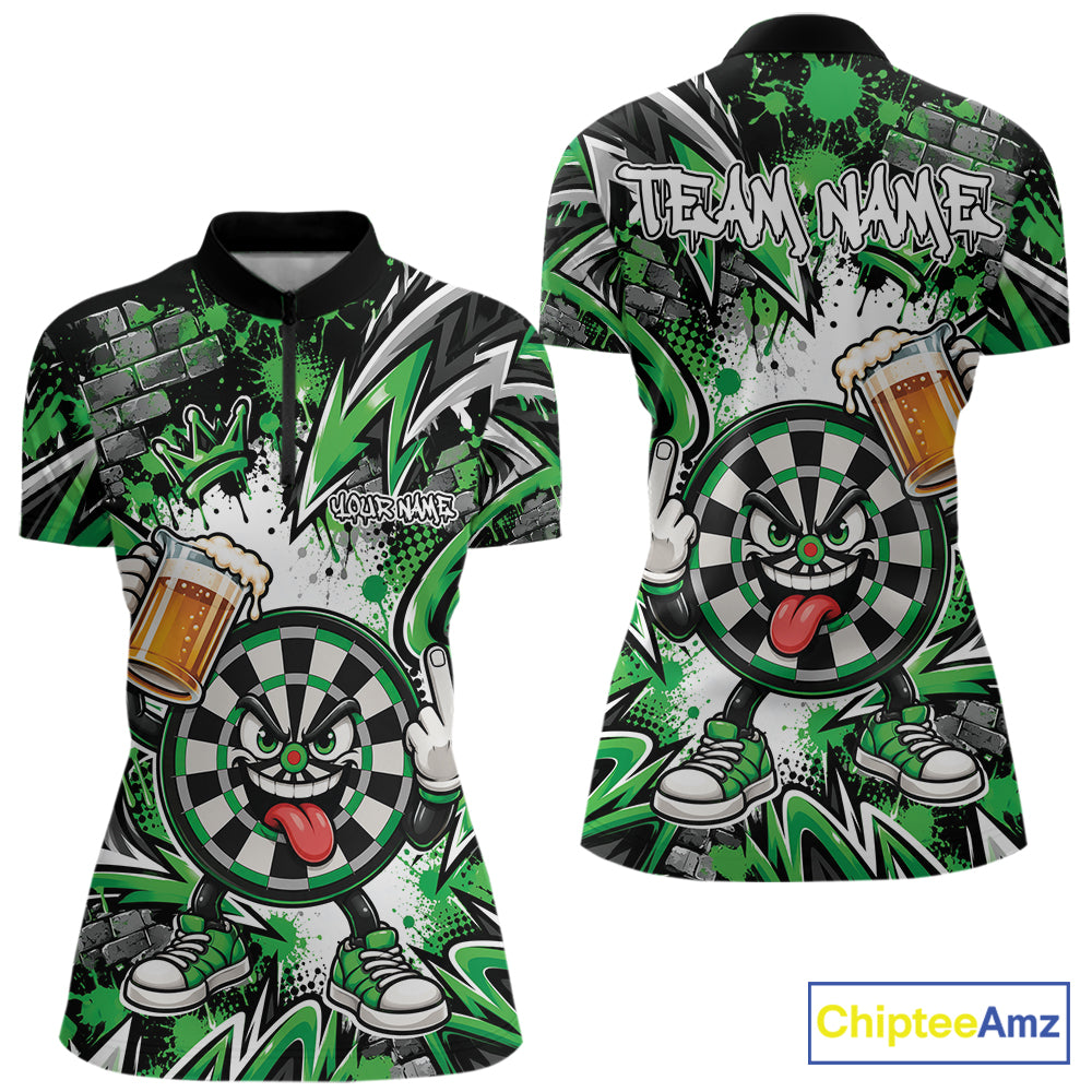 Custom Green Graffiti Funny Dartboard And Beer Dart Women Quarter-Zip, Dart League Shirt IPHW12667