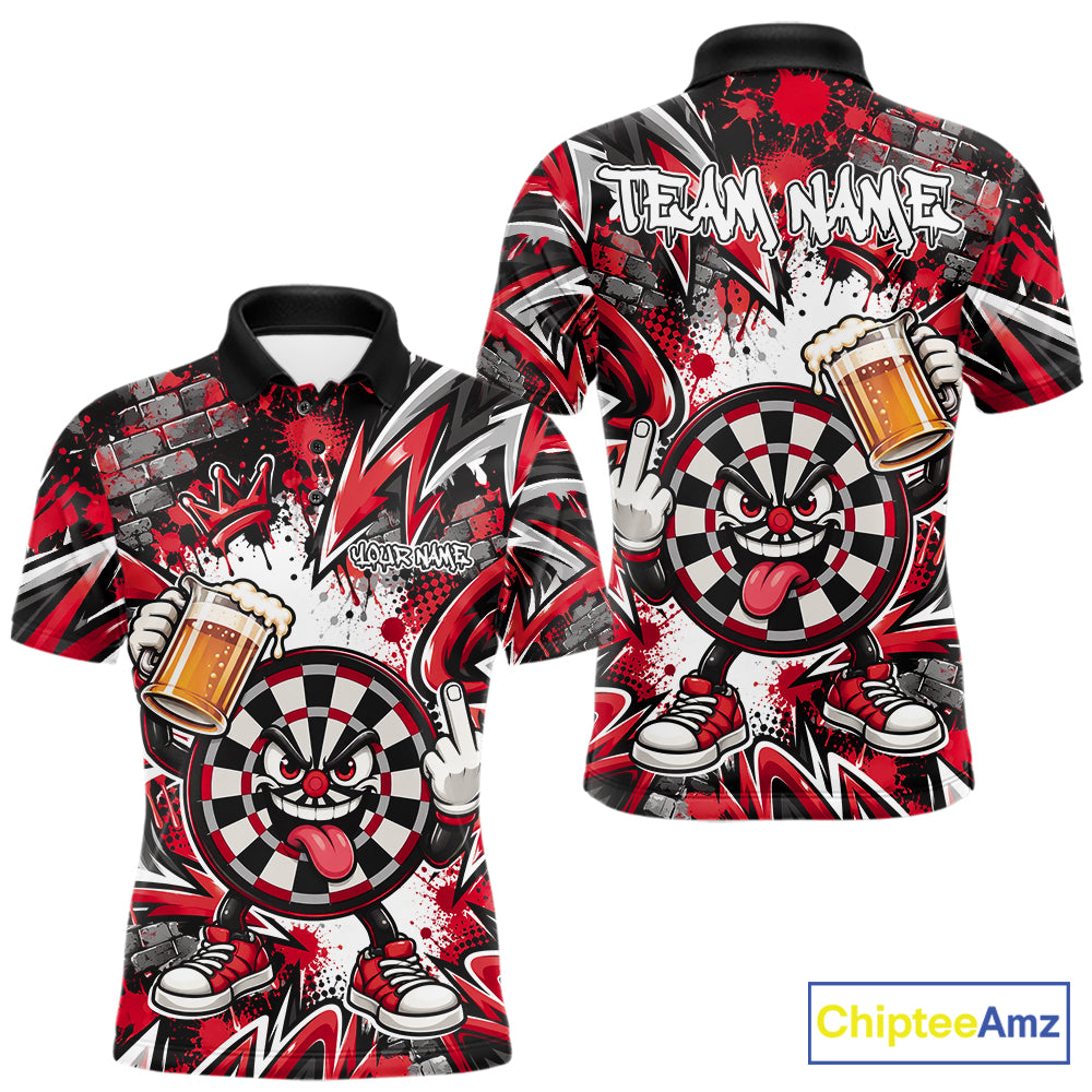 Custom Red Graffiti Funny Dartboard And Beer Dart Team Men Polo, Dart League Shirt IPHW12668
