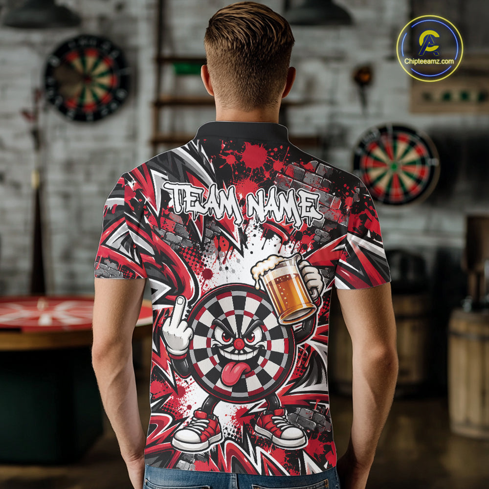 Custom Red Graffiti Funny Dartboard And Beer Dart Team Men Polo, Dart League Shirt IPHW12668