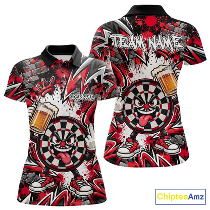 Custom Red Graffiti Funny Dartboard And Beer Dart Team Women Polo, Dart League Shirt IPHW12668