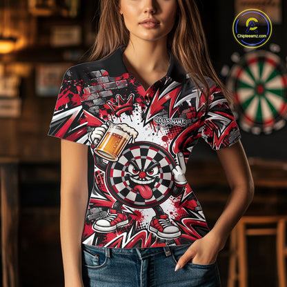 Custom Red Graffiti Funny Dartboard And Beer Dart Team Women Polo, Dart League Shirt IPHW12668