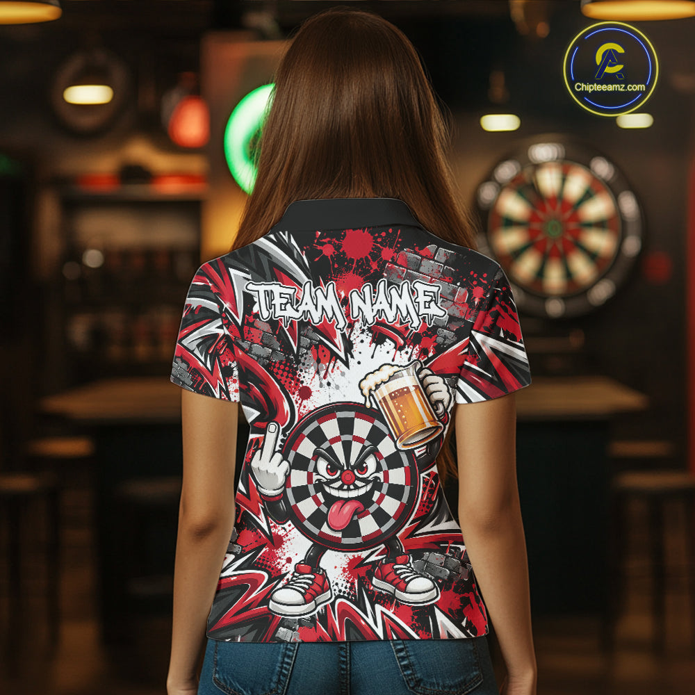 Custom Red Graffiti Funny Dartboard And Beer Dart Team Women Polo, Dart League Shirt IPHW12668