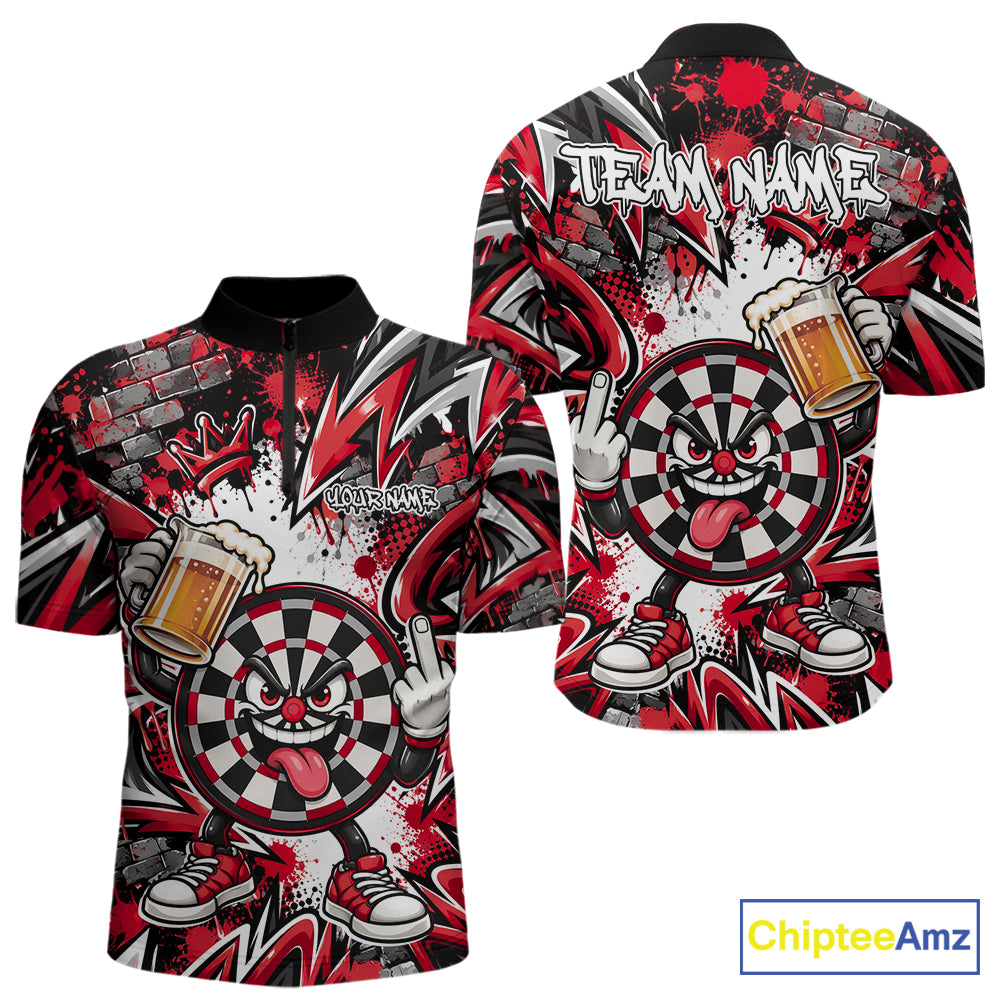 Custom Red Graffiti Funny Dartboard And Beer Dart Team Men Quarter Zip, Dart League Shirt IPHW12668
