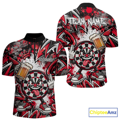 Custom Red Graffiti Funny Dartboard And Beer Dart Team Men Quarter Zip, Dart League Shirt IPHW12668