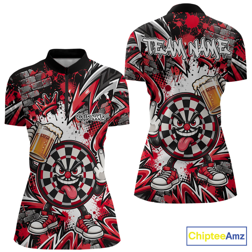 Custom Red Graffiti Funny Dartboard And Beer Dart Women Quarter-Zip, Dart League Shirt IPHW12668