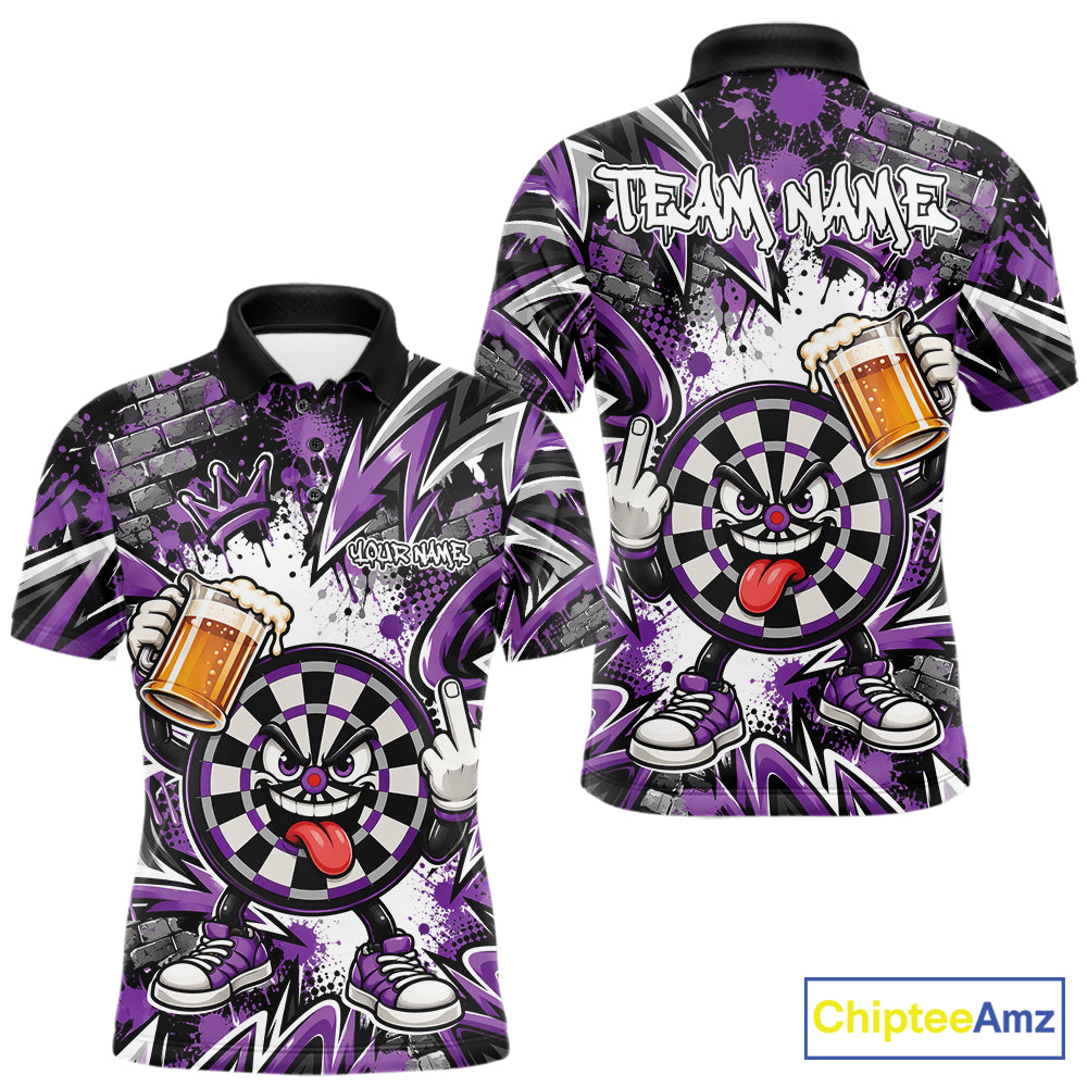 Custom Purple Graffiti Funny Dartboard And Beer Dart Team Men Polo, Dart League Shirt IPHW12669