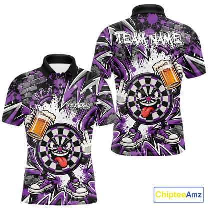 Custom Purple Graffiti Funny Dartboard And Beer Dart Team Men Polo, Dart League Shirt IPHW12669