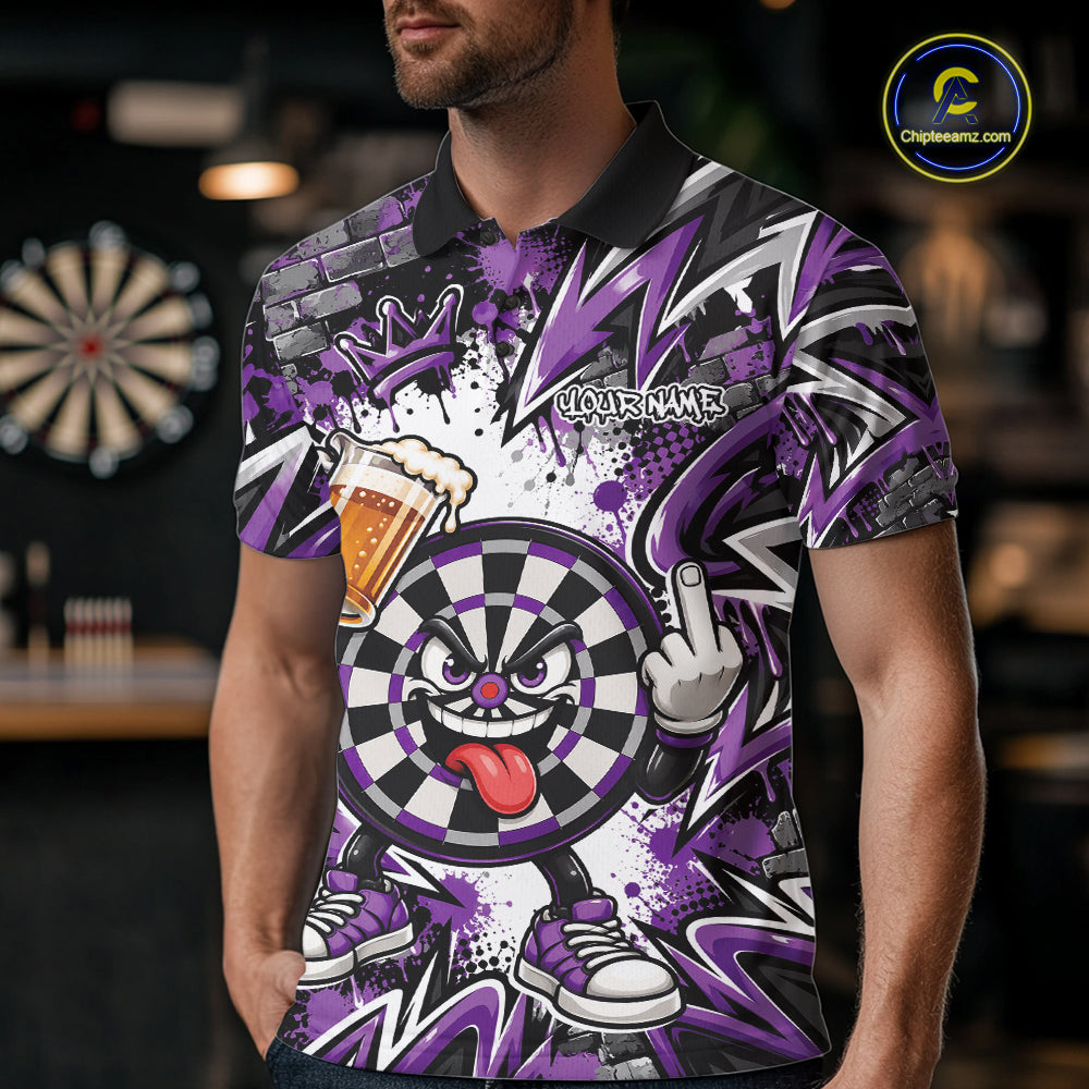 Custom Purple Graffiti Funny Dartboard And Beer Dart Team Men Polo, Dart League Shirt IPHW12669