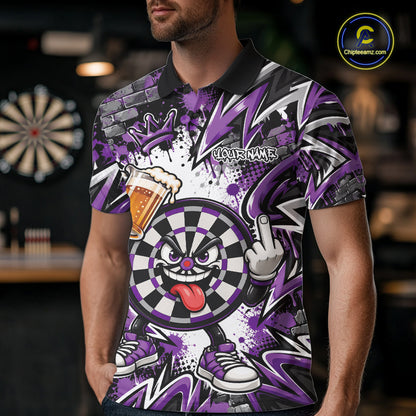 Custom Purple Graffiti Funny Dartboard And Beer Dart Team Men Polo, Dart League Shirt IPHW12669