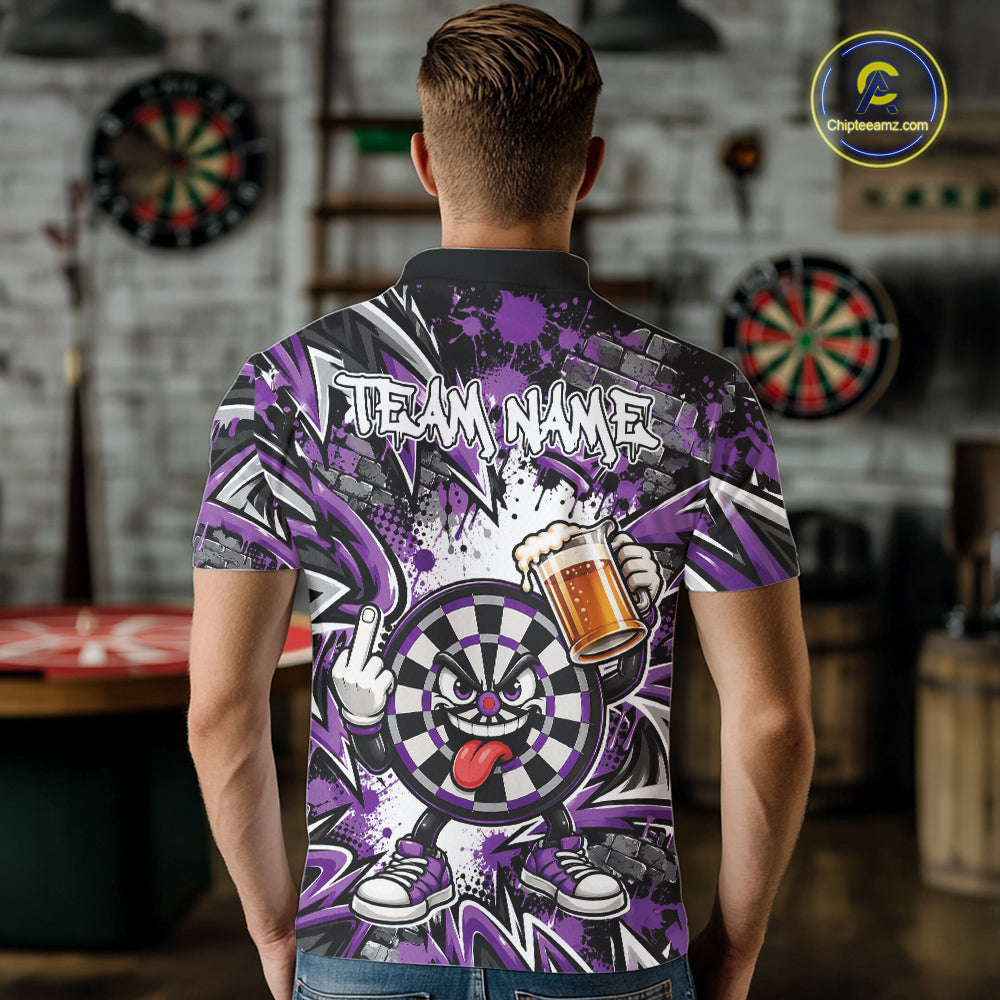 Custom Purple Graffiti Funny Dartboard And Beer Dart Team Men Polo, Dart League Shirt IPHW12669