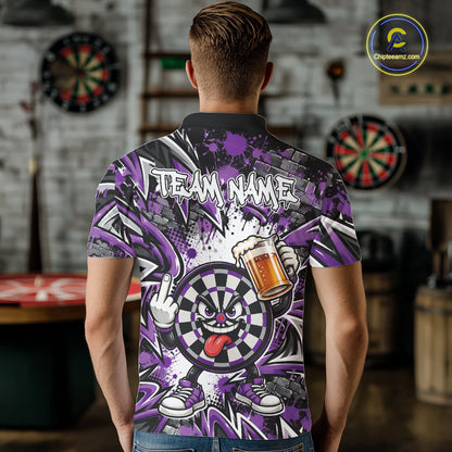 Custom Purple Graffiti Funny Dartboard And Beer Dart Team Men Polo, Dart League Shirt IPHW12669