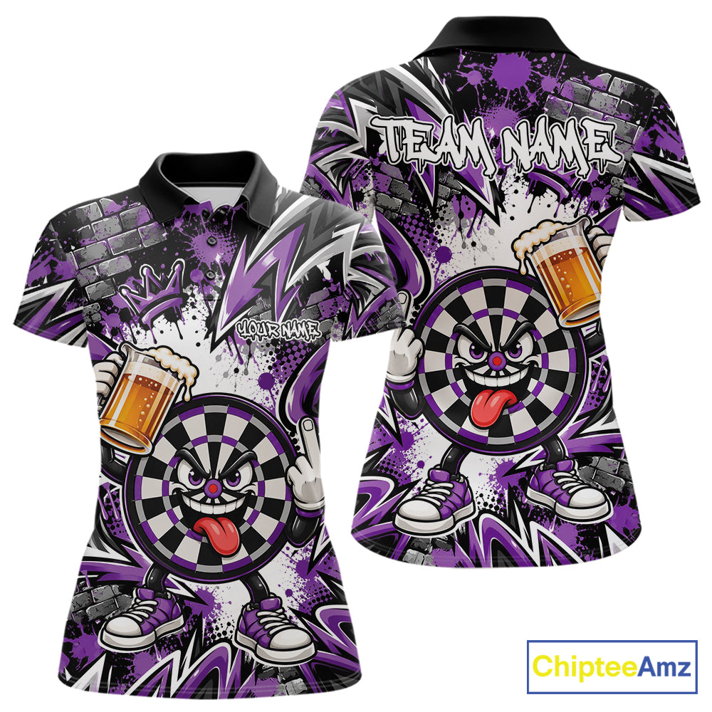 Custom Purple Graffiti Funny Dartboard And Beer Dart Team Women Polo, Dart League Shirt IPHW12669