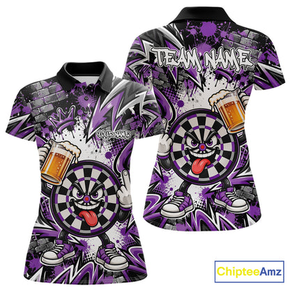 Custom Purple Graffiti Funny Dartboard And Beer Dart Team Women Polo, Dart League Shirt IPHW12669