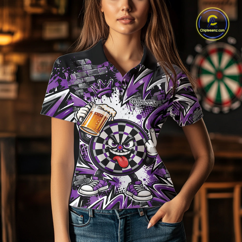 Custom Purple Graffiti Funny Dartboard And Beer Dart Team Women Polo, Dart League Shirt IPHW12669