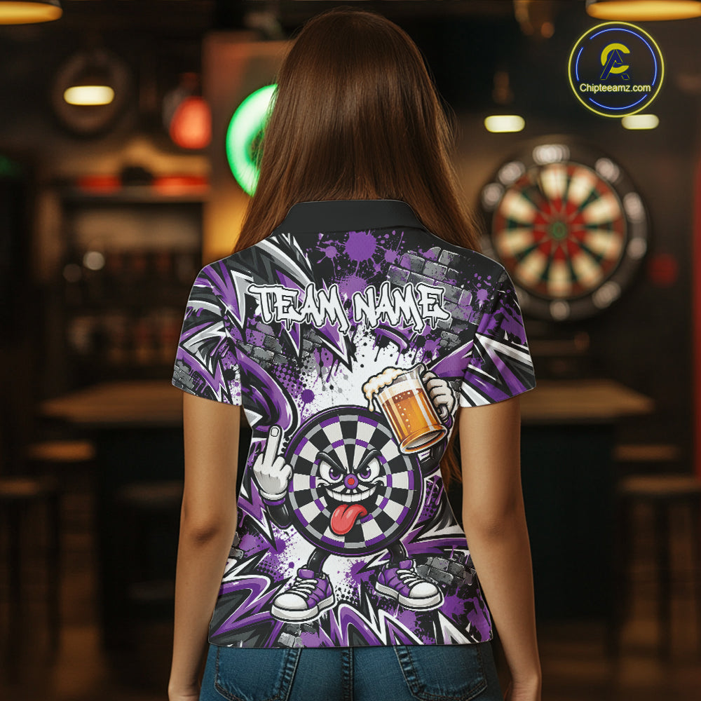 Custom Purple Graffiti Funny Dartboard And Beer Dart Team Women Polo, Dart League Shirt IPHW12669