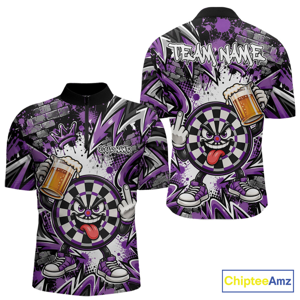 Custom Purple Graffiti Funny Dartboard And Beer Dart Team Men Quarter Zip, Dart League Shirt IPHW12669