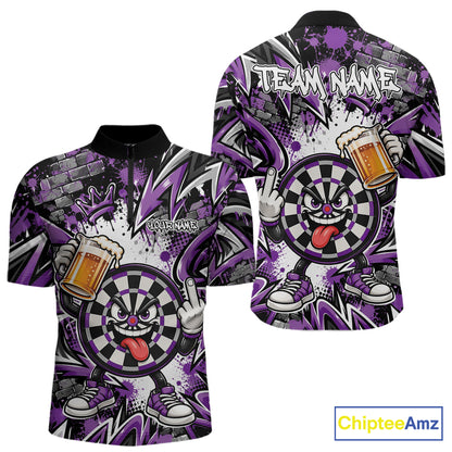 Custom Purple Graffiti Funny Dartboard And Beer Dart Team Men Quarter Zip, Dart League Shirt IPHW12669
