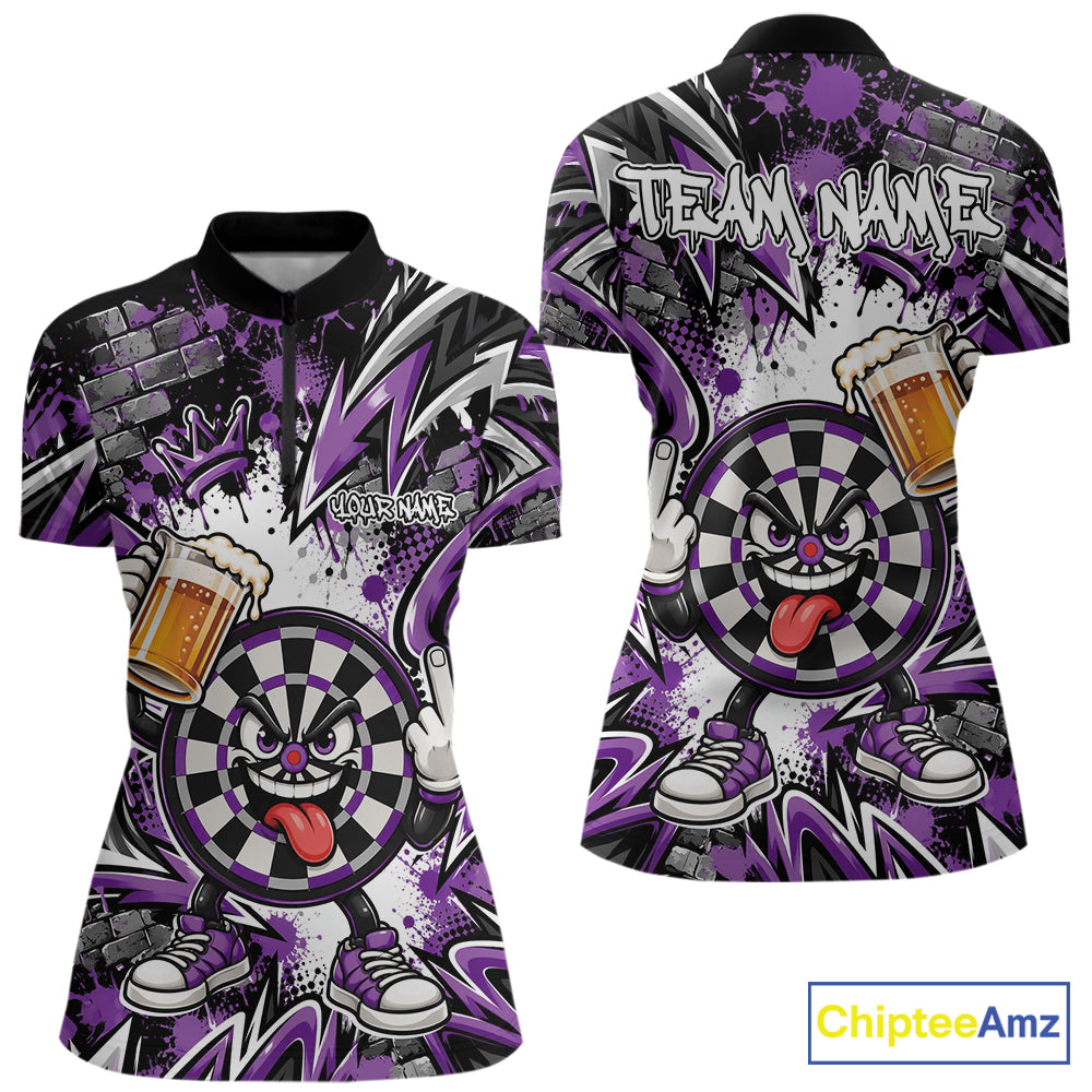 Custom Purple Graffiti Funny Dartboard And Beer Dart League Women Quarter-Zip Shirt IPHW12669