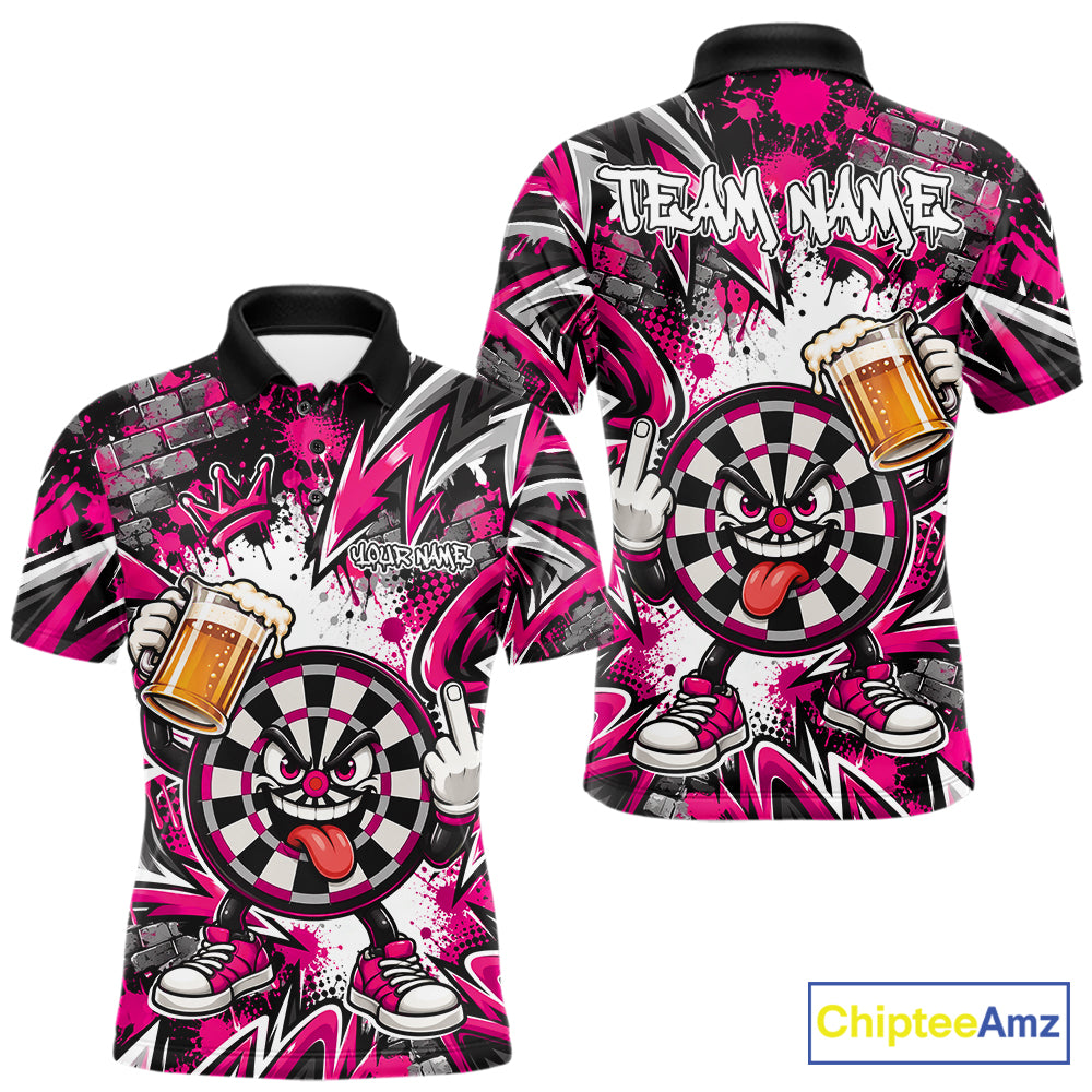 Custom Pink Graffiti Funny Dartboard And Beer Dart Team Men Polo, Dart League Shirt IPHW12670