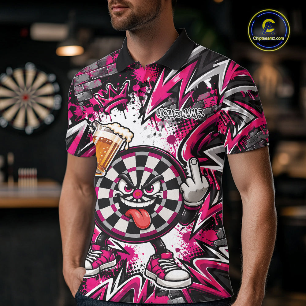 Custom Pink Graffiti Funny Dartboard And Beer Dart Team Men Polo, Dart League Shirt IPHW12670