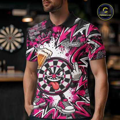 Custom Pink Graffiti Funny Dartboard And Beer Dart Team Men Polo, Dart League Shirt IPHW12670