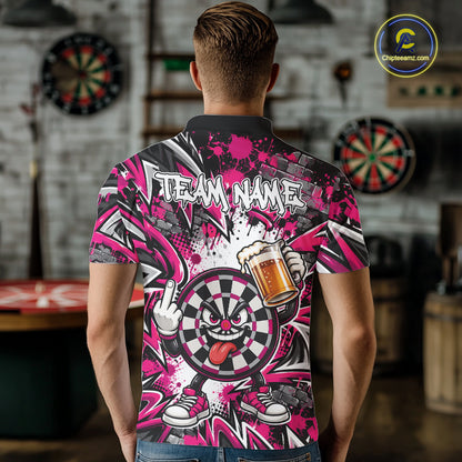 Custom Pink Graffiti Funny Dartboard And Beer Dart Team Men Polo, Dart League Shirt IPHW12670