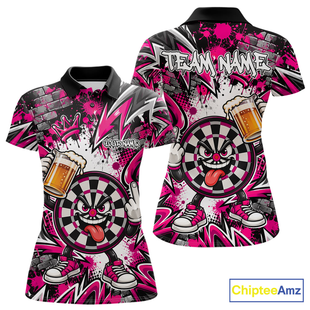 Custom Pink Graffiti Funny Dartboard And Beer Dart Team Women Polo, Dart League Shirt IPHW12670