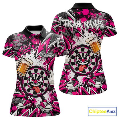 Custom Pink Graffiti Funny Dartboard And Beer Dart Team Women Polo, Dart League Shirt IPHW12670