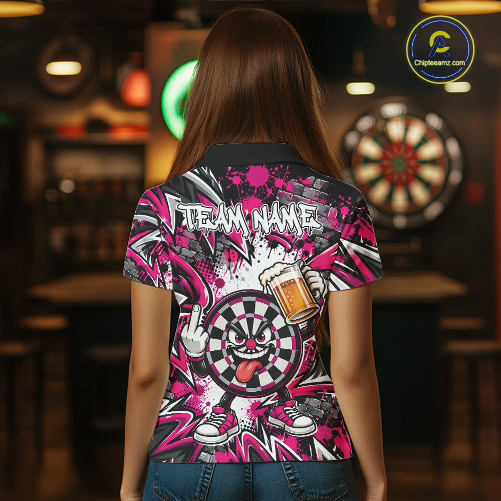 Custom Pink Graffiti Funny Dartboard And Beer Dart Team Women Polo, Dart League Shirt IPHW12670