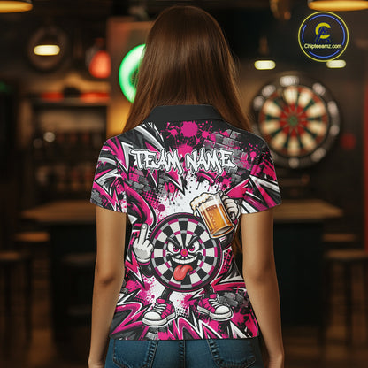 Custom Pink Graffiti Funny Dartboard And Beer Dart Team Women Polo, Dart League Shirt IPHW12670