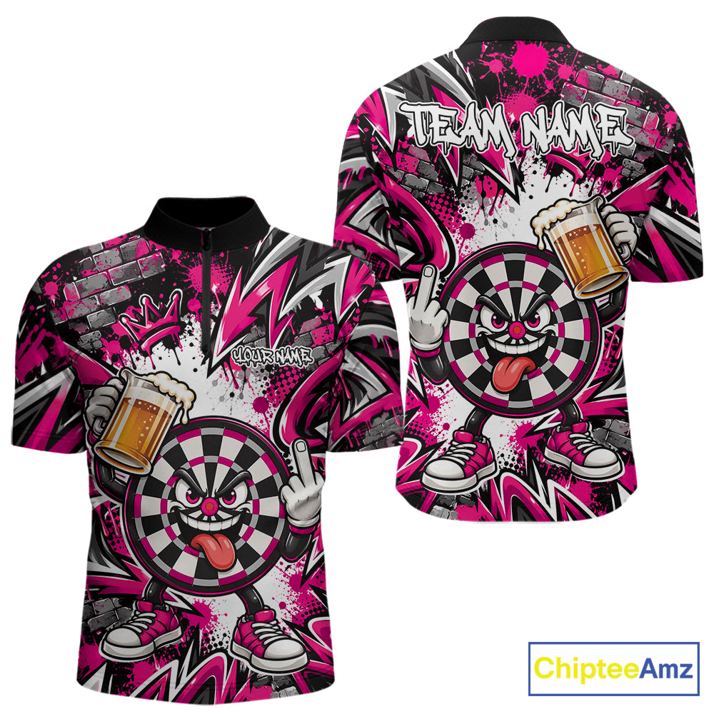 Custom Pink Graffiti Funny Dartboard And Beer Dart Team Men Quarter Zip, Dart League Shirt IPHW12670