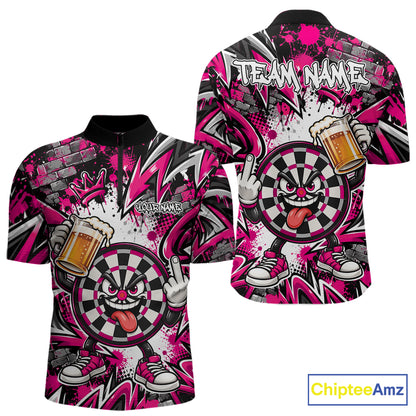 Custom Pink Graffiti Funny Dartboard And Beer Dart Team Men Quarter Zip, Dart League Shirt IPHW12670