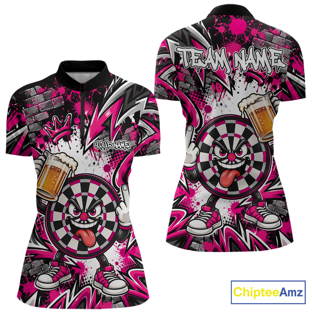 Custom Pink Graffiti Funny Dartboard And Beer Dart Women Quarter-Zip, Dart League Shirt IPHW12670