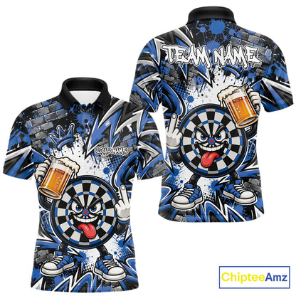 Custom Blue Graffiti Funny Dartboard And Beer Dart Team Men Polo, Dart League Shirt IPHW12671