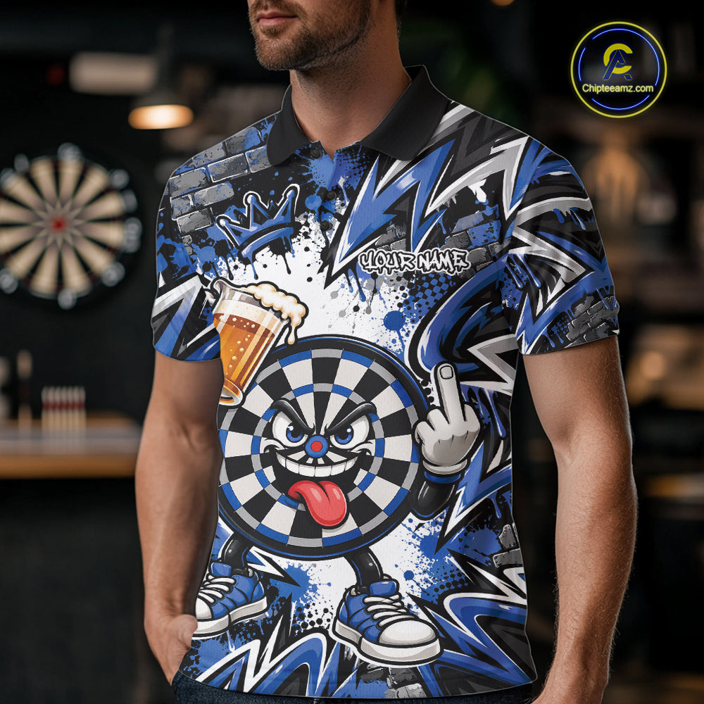 Custom Blue Graffiti Funny Dartboard And Beer Dart Team Men Polo, Dart League Shirt IPHW12671
