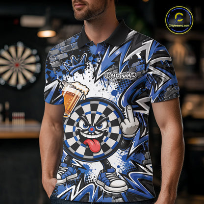Custom Blue Graffiti Funny Dartboard And Beer Dart Team Men Polo, Dart League Shirt IPHW12671