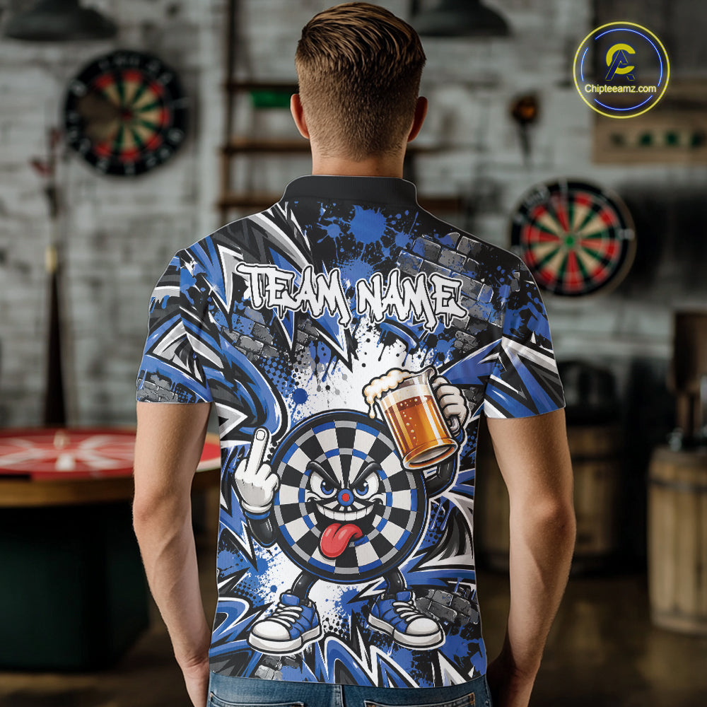 Custom Blue Graffiti Funny Dartboard And Beer Dart Team Men Polo, Dart League Shirt IPHW12671
