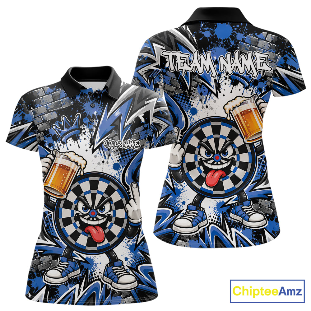 Custom Blue Graffiti Funny Dartboard And Beer Dart Team Women Polo, Dart League Shirt IPHW12671