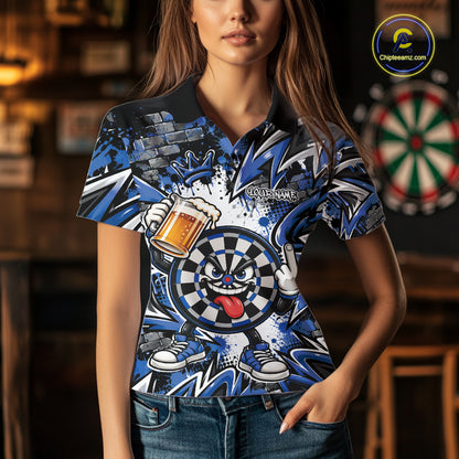 Custom Blue Graffiti Funny Dartboard And Beer Dart Team Women Polo, Dart League Shirt IPHW12671