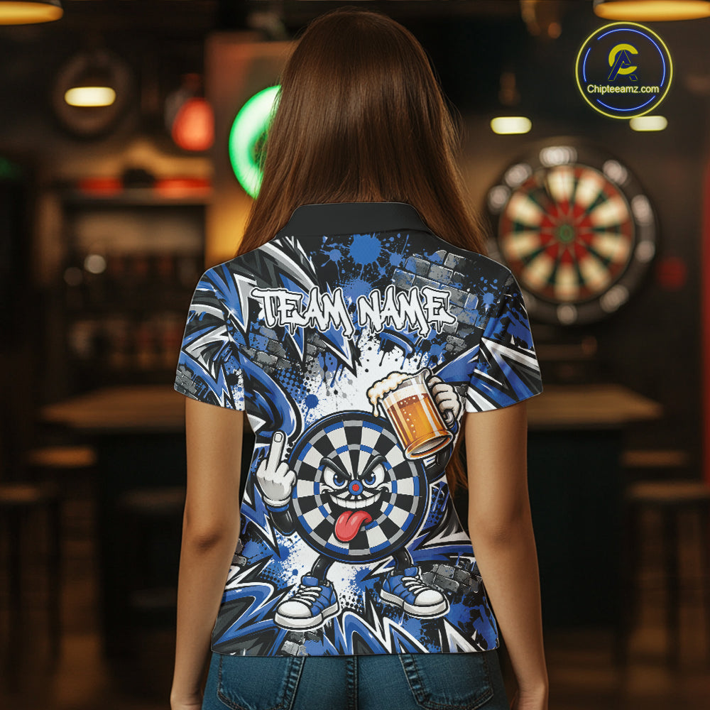 Custom Blue Graffiti Funny Dartboard And Beer Dart Team Women Polo, Dart League Shirt IPHW12671