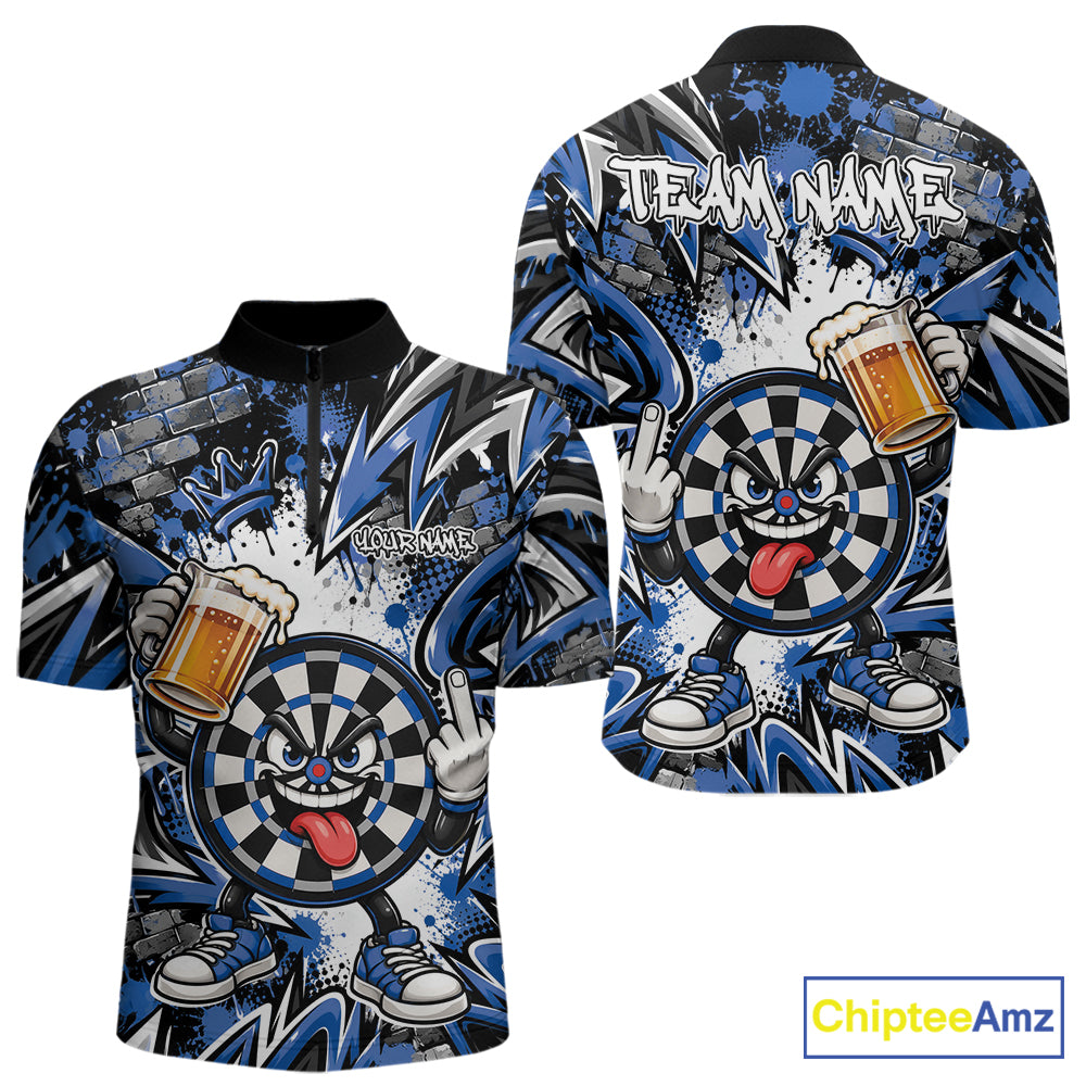 Custom Blue Graffiti Funny Dartboard And Beer Dart Team Men Quarter Zip, Dart League Shirt IPHW12671