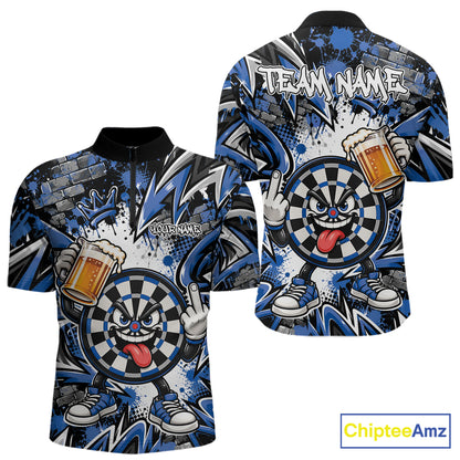 Custom Blue Graffiti Funny Dartboard And Beer Dart Team Men Quarter Zip, Dart League Shirt IPHW12671