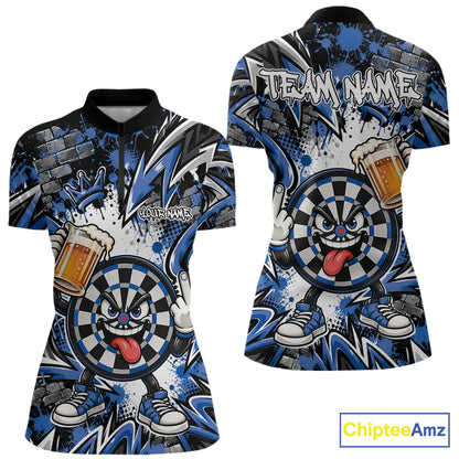 Custom Blue Graffiti Funny Dartboard And Beer Dart Women Quarter-Zip, Dart League Shirt IPHW12671