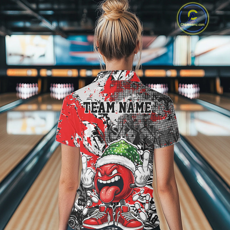 Custom Funny Christmas Bowling Women Polo Shirts, Crazy Bowling Ball Xmas Outfit IPHW10129