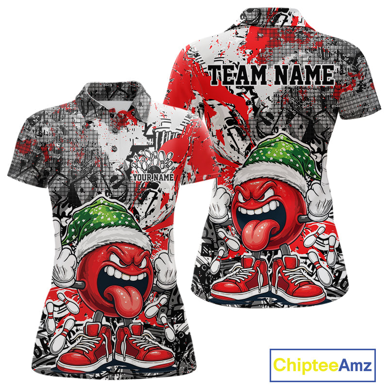 Custom Funny Christmas Bowling Women Polo Shirts, Crazy Bowling Ball Xmas Outfit IPHW10129