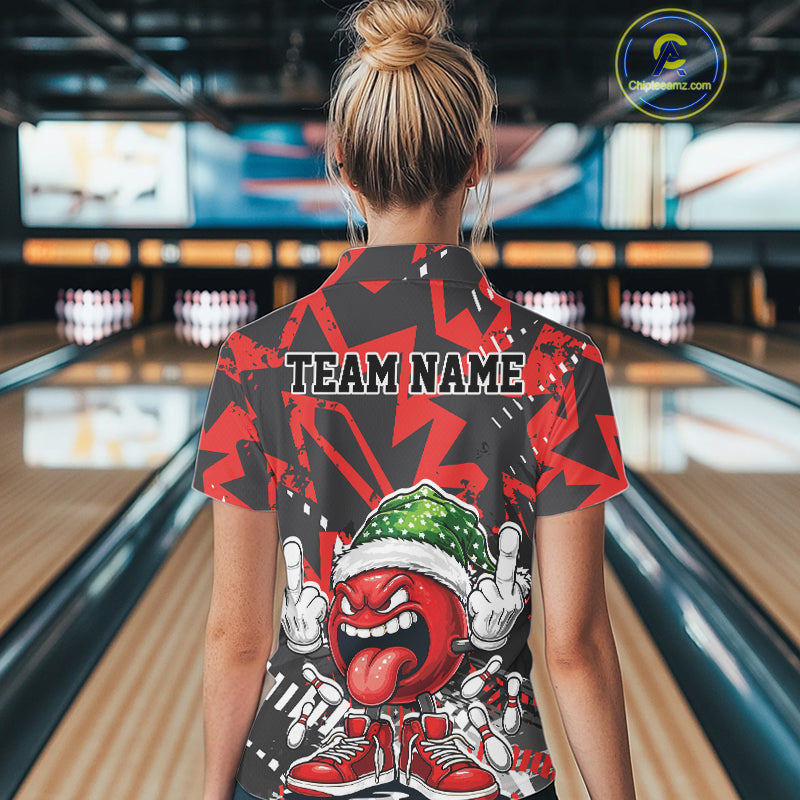 Custom Funny Christmas Bowling Women Polo Shirts, Crazy Bowling Ball Xmas Outfit IPHW10130