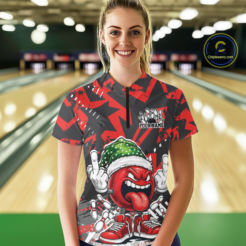Custom Funny Christmas Bowling Women Quarter-Zip Shirts, Crazy Bowling Ball Xmas Outfit IPHW10130