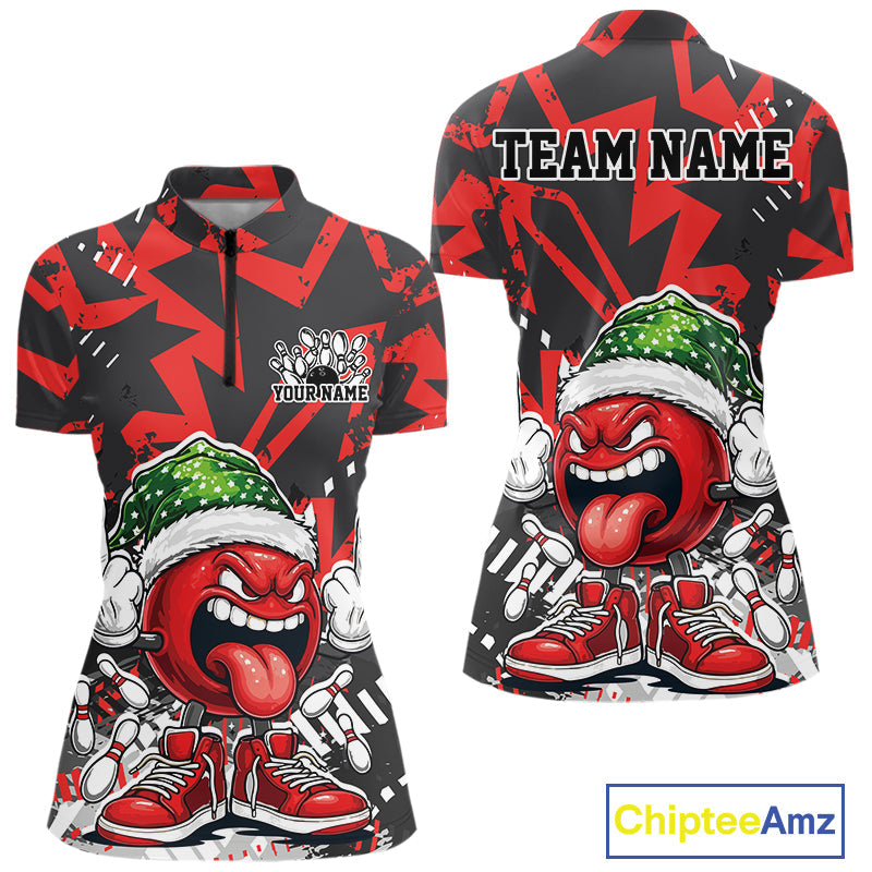 Custom Funny Christmas Bowling Women Quarter-Zip Shirts, Crazy Bowling Ball Xmas Outfit IPHW10130