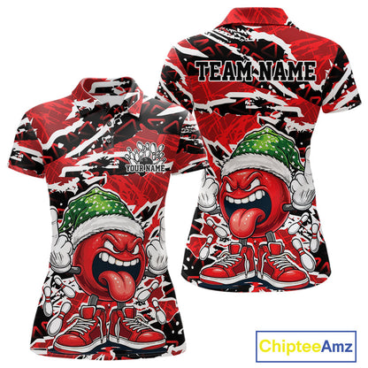 Custom Funny Christmas Bowling Women Polo Shirts, Crazy Bowling Ball Xmas Outfit IPHW10131