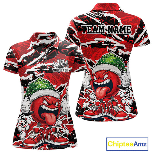 Custom Funny Christmas Bowling Women Polo Shirts, Crazy Bowling Ball Xmas Outfit IPHW10131